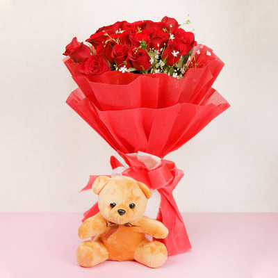 20 Red Roses And Teddy Bear